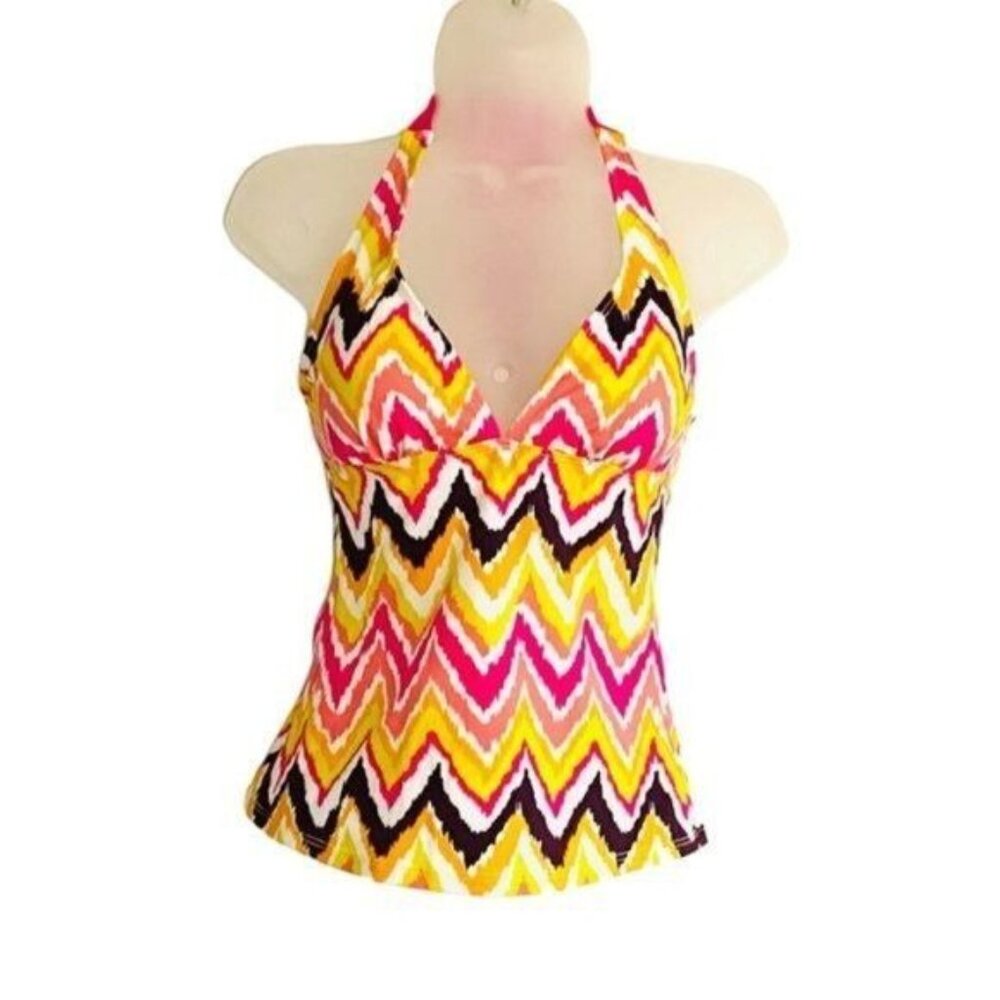 Athleta Womens Halter Tankini Swim Tank XS Top Orange Pink Colorful Psyc…